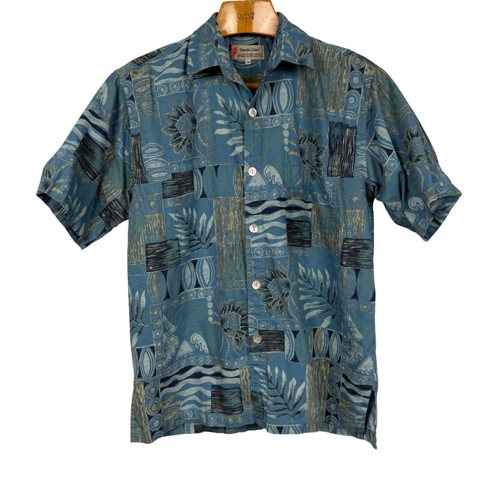 Paradise Island Hawaiian Shirt Tropical Batik Floral M Blue 100% Cotton